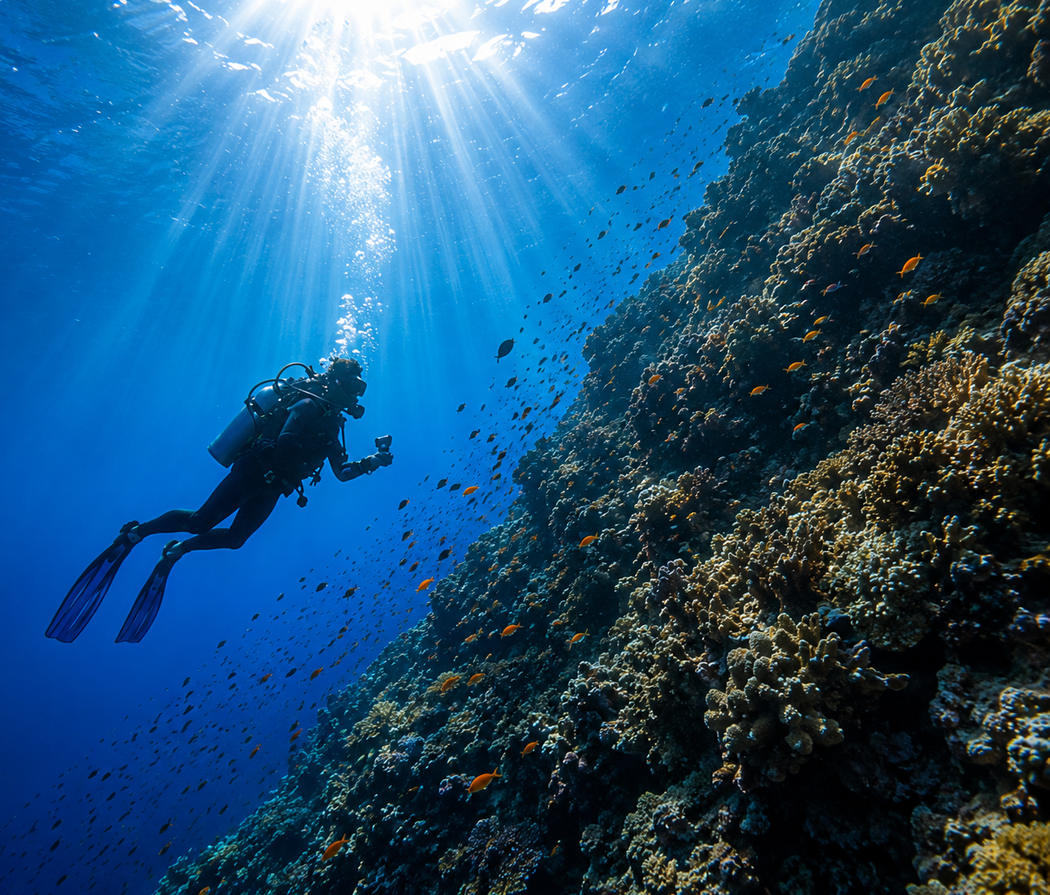 Diver against a sunlit reef wall