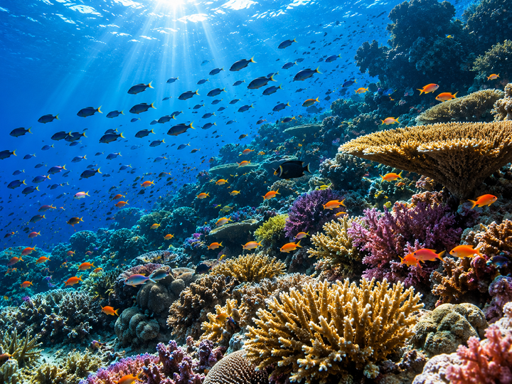 Raja Ampat reef scene with schooling fish
