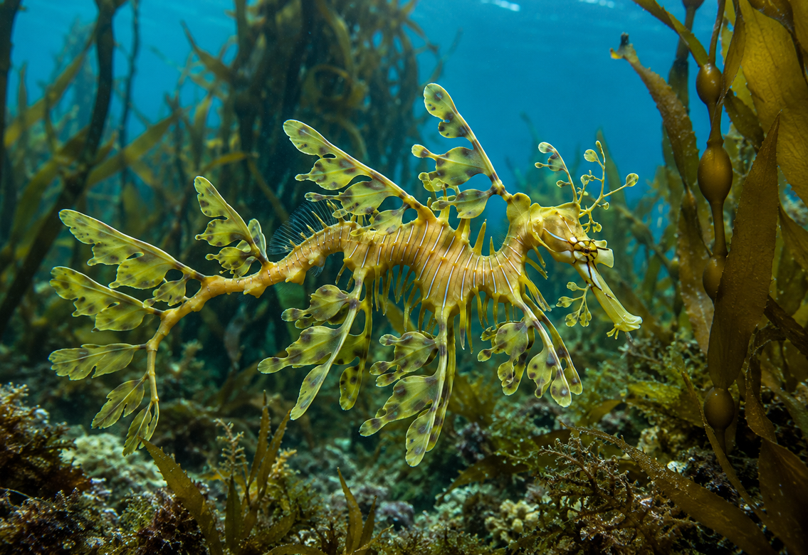 Leafy sea dragon among kelp